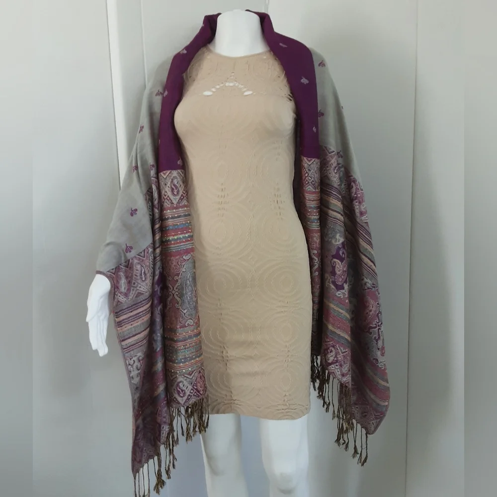 Water PASHMINA Purple | Gray Paisley Floral Wool | Silk Blend Shawl Sz 78